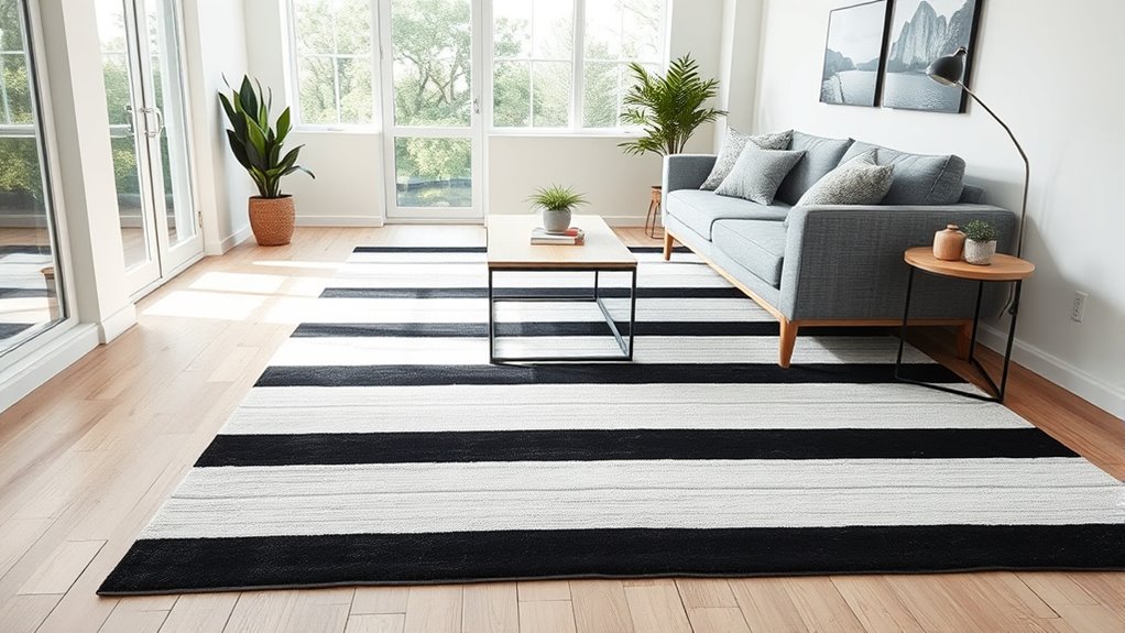 horizontal striped rugs enhance spaciousness