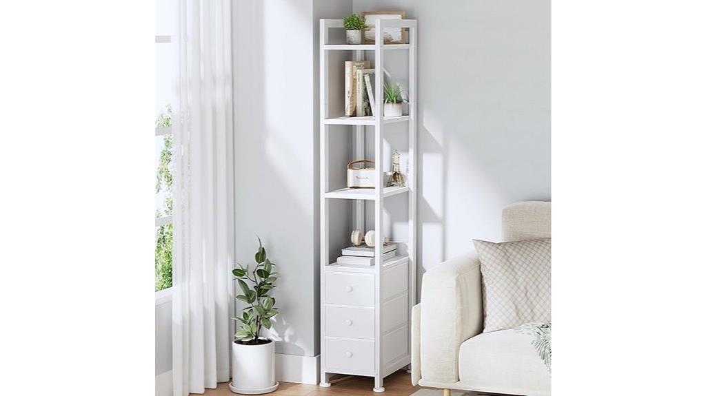narrow bookshelf with drawers