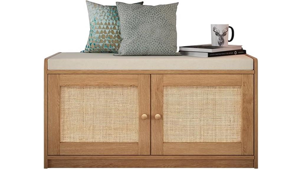 wooden bench with shelves