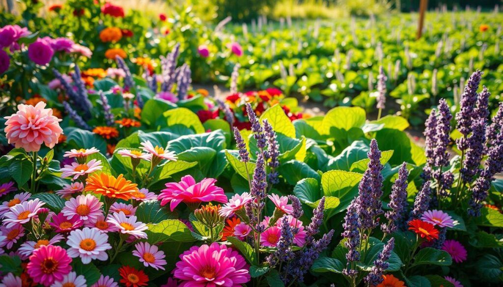flowers alongside swiss chard