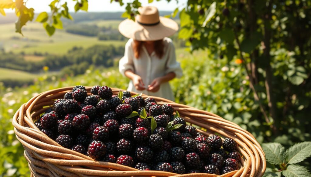 harvesting blackberries