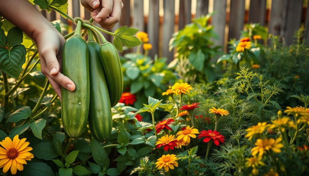 harvesting cucumbers and companion plants