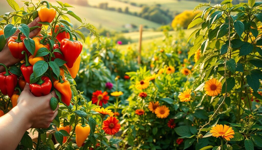 harvesting peppers and companions