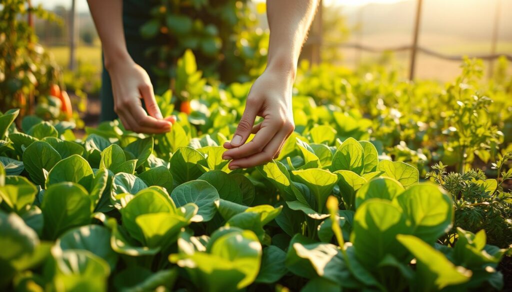 harvesting spinach plants