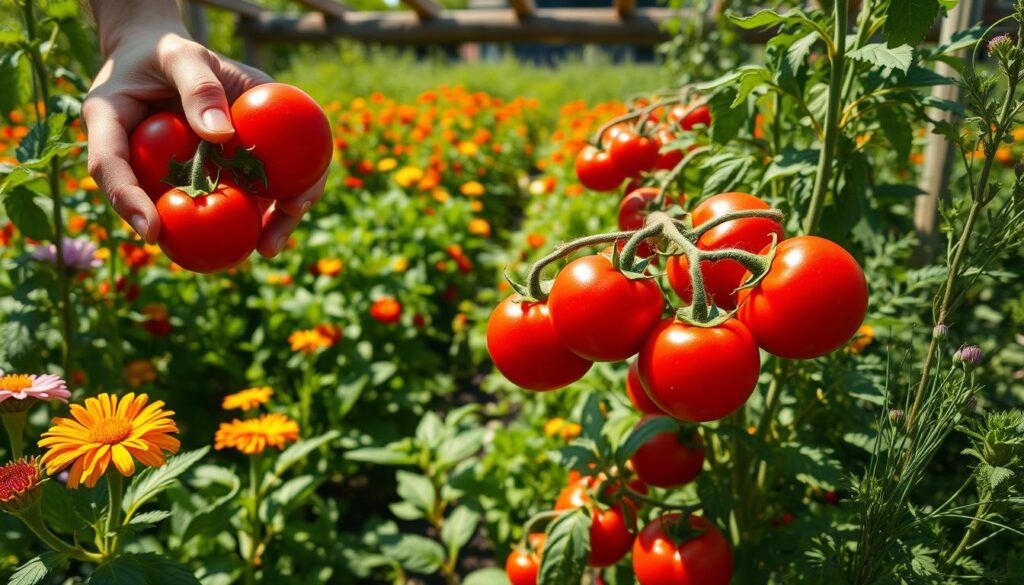 harvesting tomatoes and companions