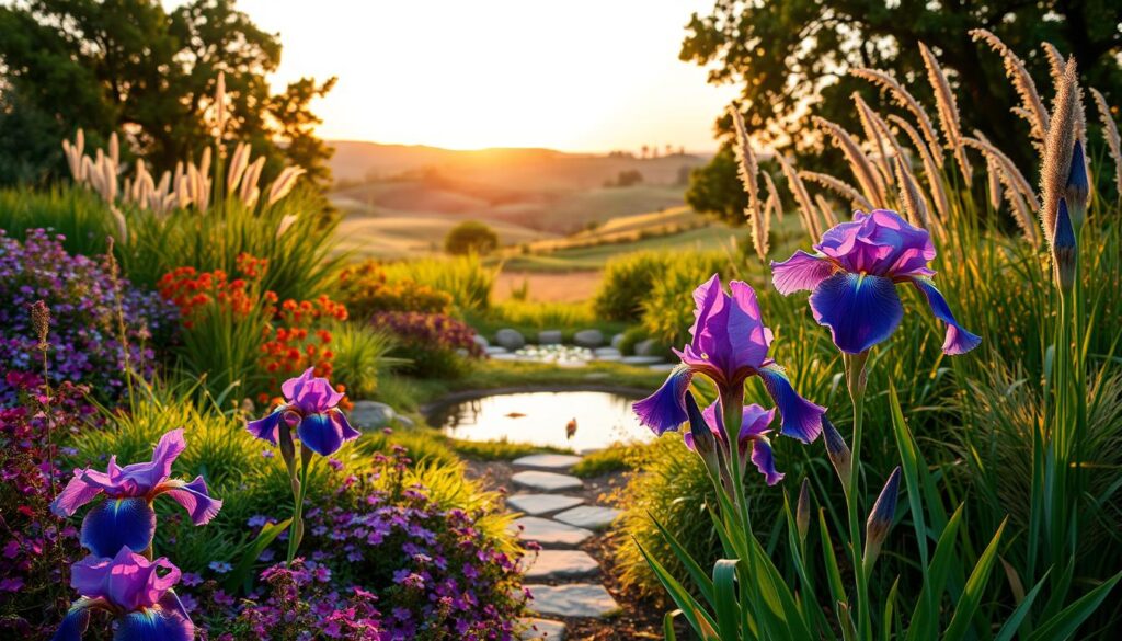 landscape design with irises