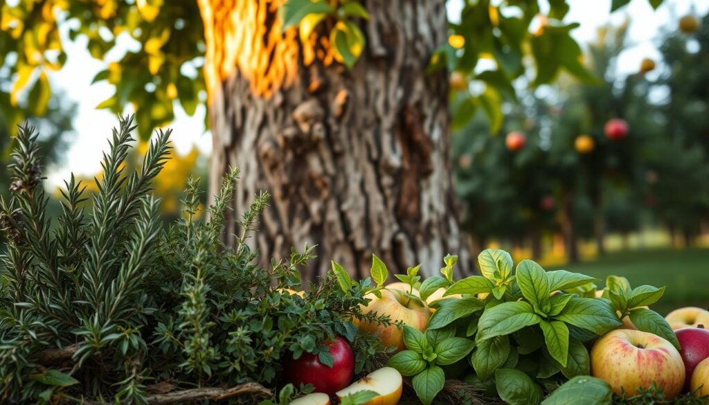 Culinary herbs with apple tree companion plants