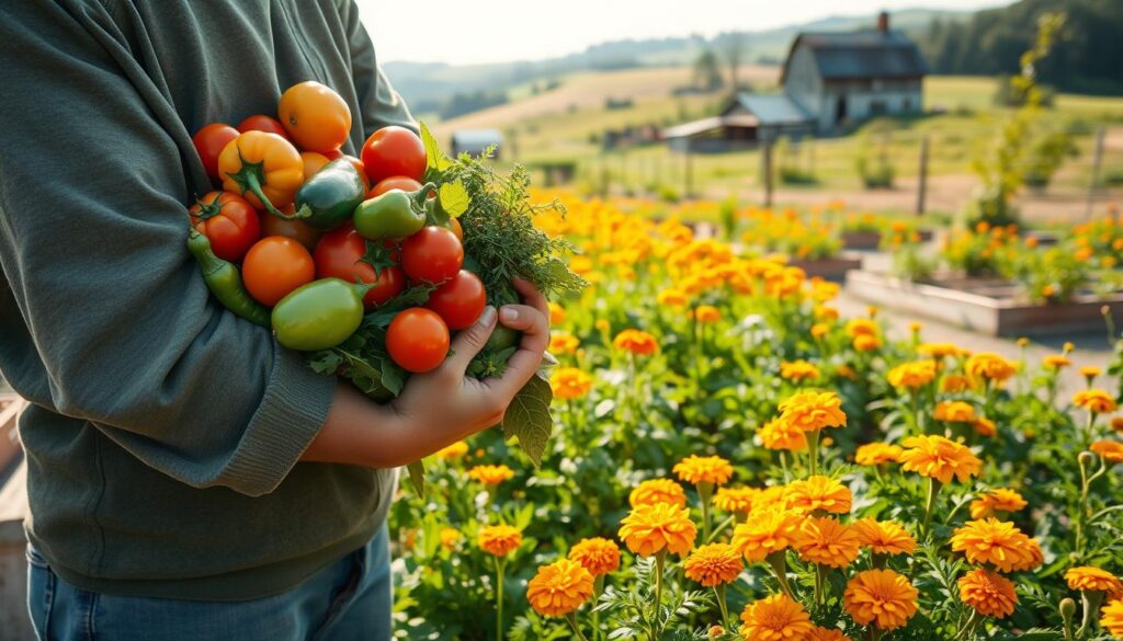 harvesting vegetables and picking marigolds