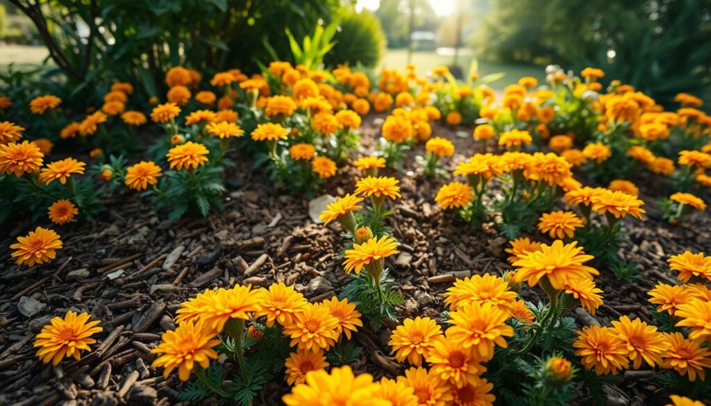 natural garden mulch with marigolds