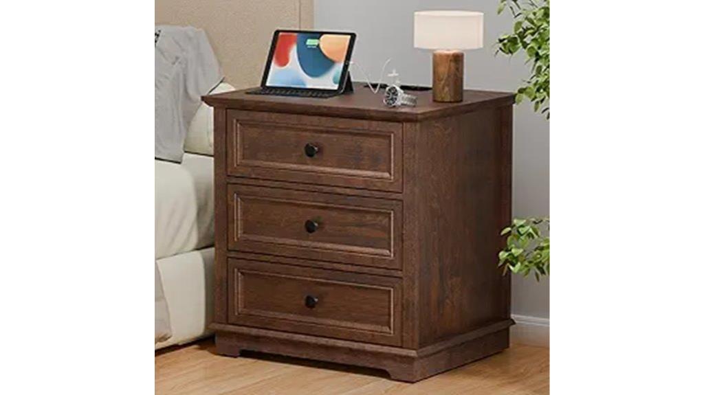 small bedside table with chargers