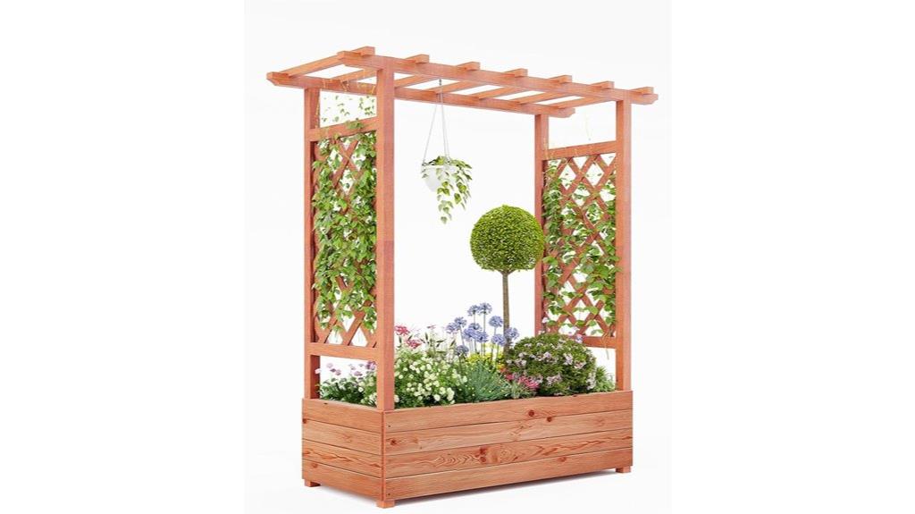 wood garden bed with trellis