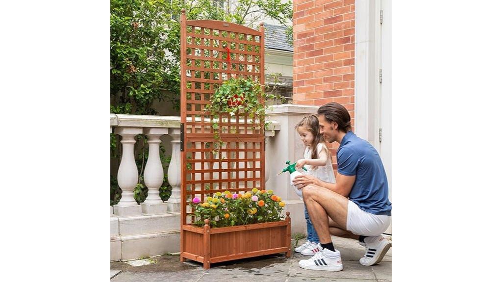 wooden garden bed with trellis