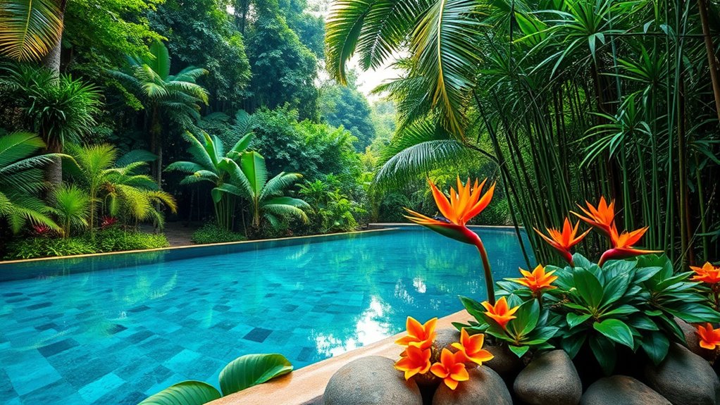 tropical lush greenery and colorful flowers