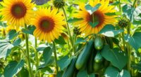 cucumbers supported by sunflowers
