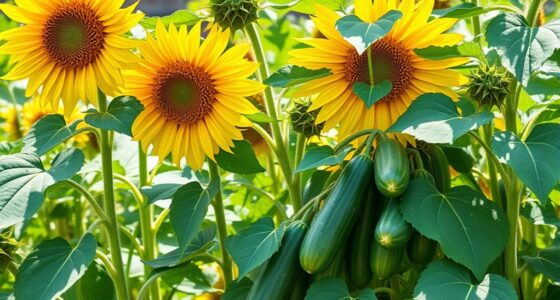cucumbers supported by sunflowers