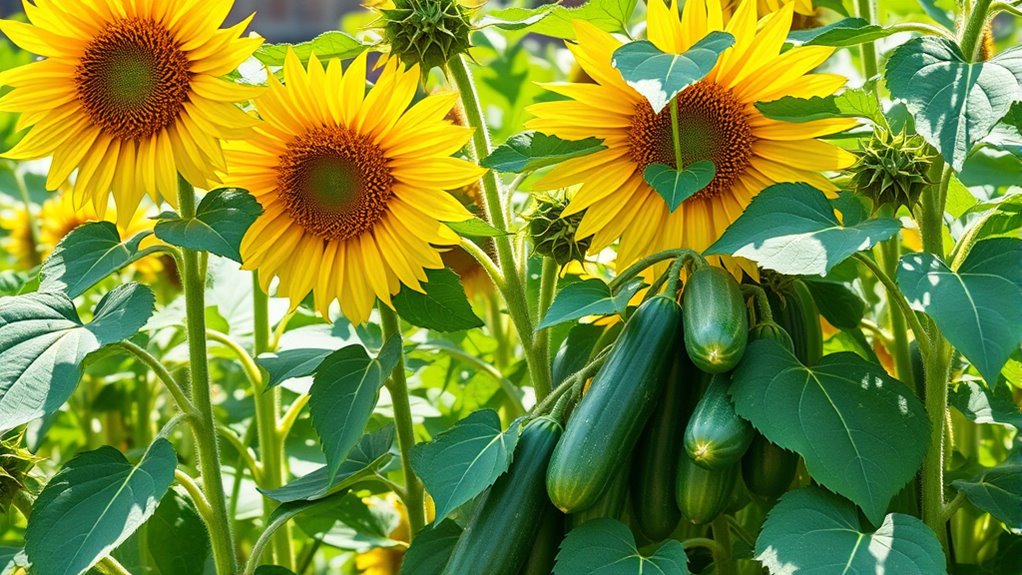 cucumbers supported by sunflowers