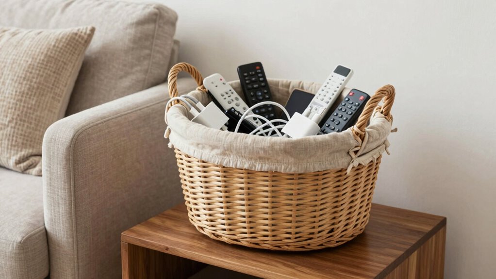 decorative baskets organize tech clutter