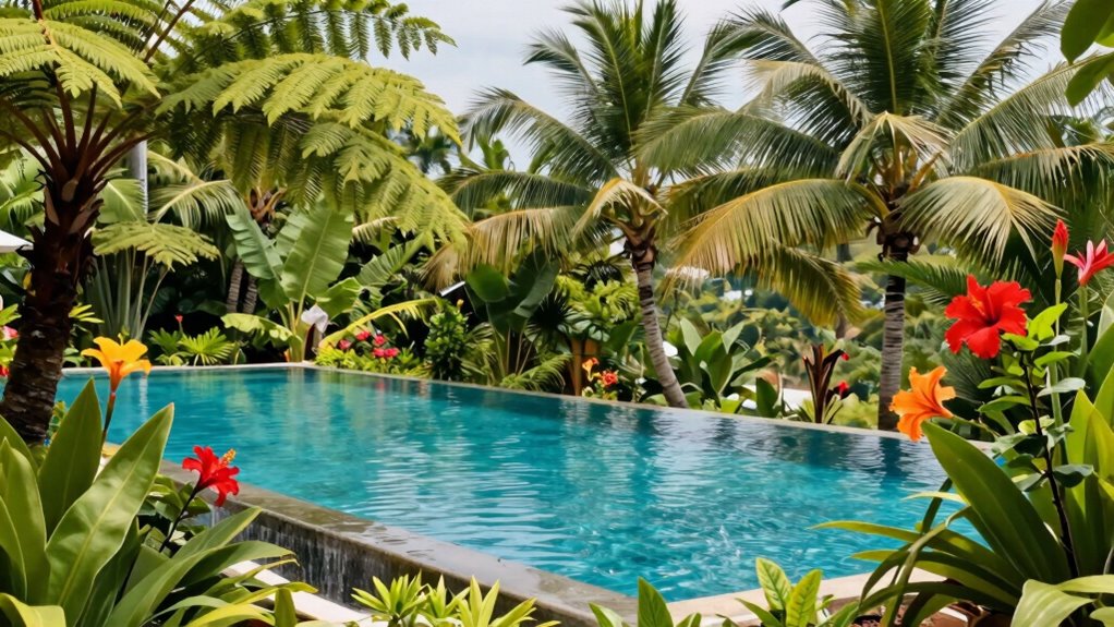 tropical plants enhance pool ambiance
